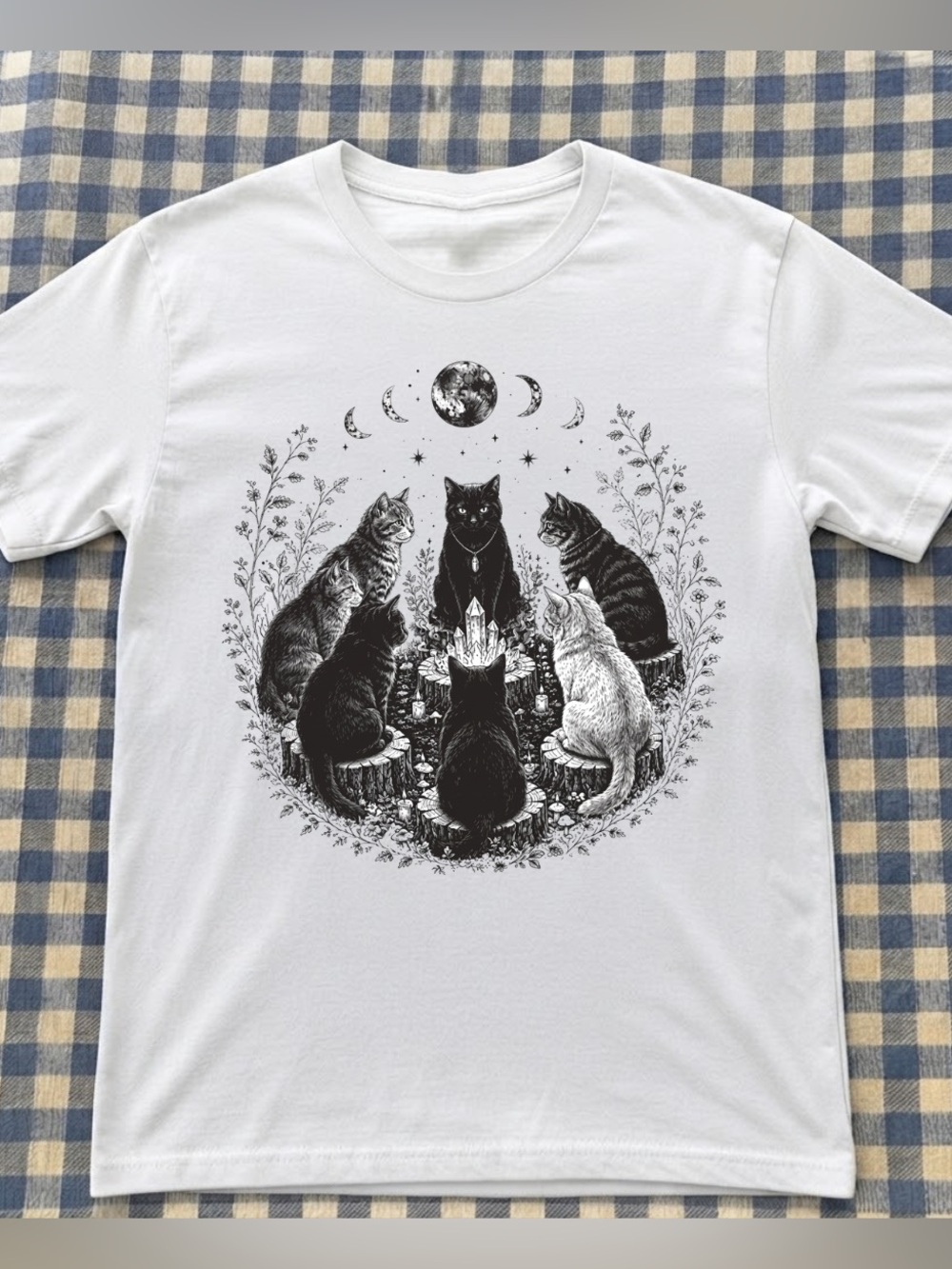 White Cat Circle Crystal Gathering T‑Shirt, Vintage And Illustration Style